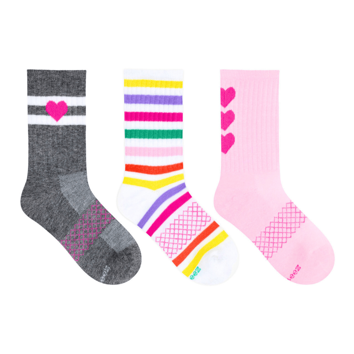 Robeez Kids' Heart Athletic Crew Socks 3 - Pack Grey/White/Pink - 1102454 - Tip Top Shoes of New York