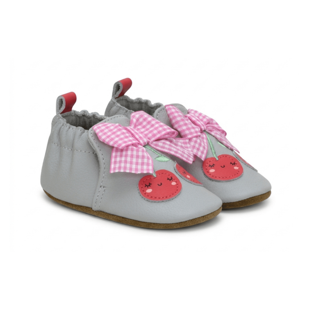 Robeez Toddlers Cherry Cute Grey/Pink Checkered Ribbon Soft Soles - 1110102 - Tip Top Shoes of New York